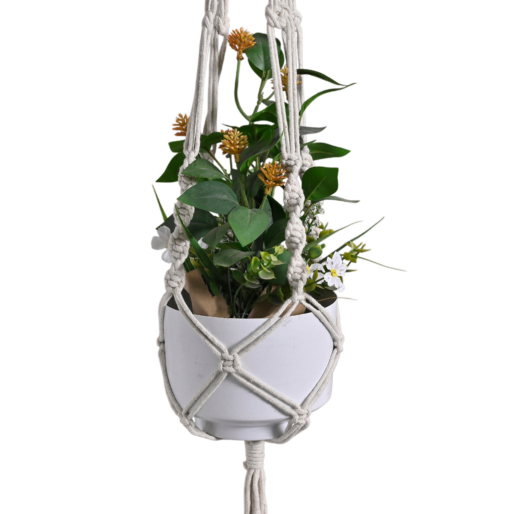 Handmade Macramé Plant Hanger with Elegant White Metal Pot | Boho Home Decor Hanging Planter for Indoor & Outdoor