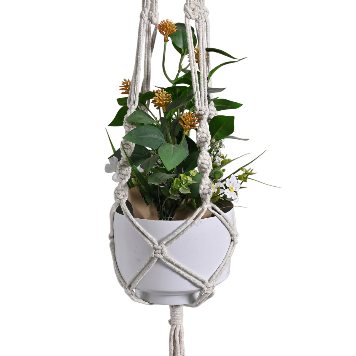 Handmade Macramé Plant Hanger with Elegant White Metal Pot | Boho Home Decor Hanging Planter for Indoor &amp; Outdoor