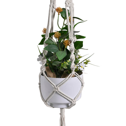 Handmade Macramé Plant Hanger with Elegant White Metal Pot | Boho Home Decor Hanging Planter for Indoor &amp; Outdoor