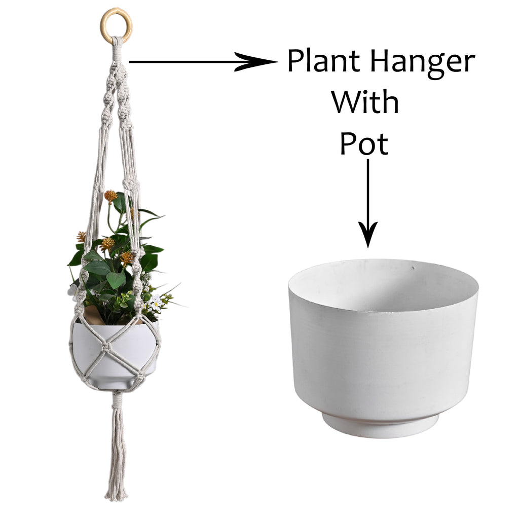 Handmade Macramé Plant Hanger with Elegant White Metal Pot | Boho Home Decor Hanging Planter for Indoor & Outdoor