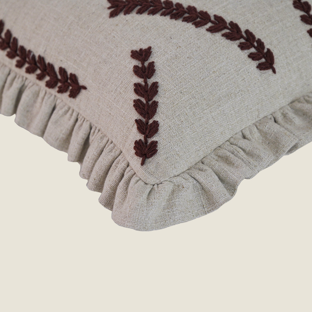 Embroidered Linen-Blend Ruffled Pillow Cover | Rustic Wheat Leaf Motif Decorative Cushion Cover Set of 1 Pc