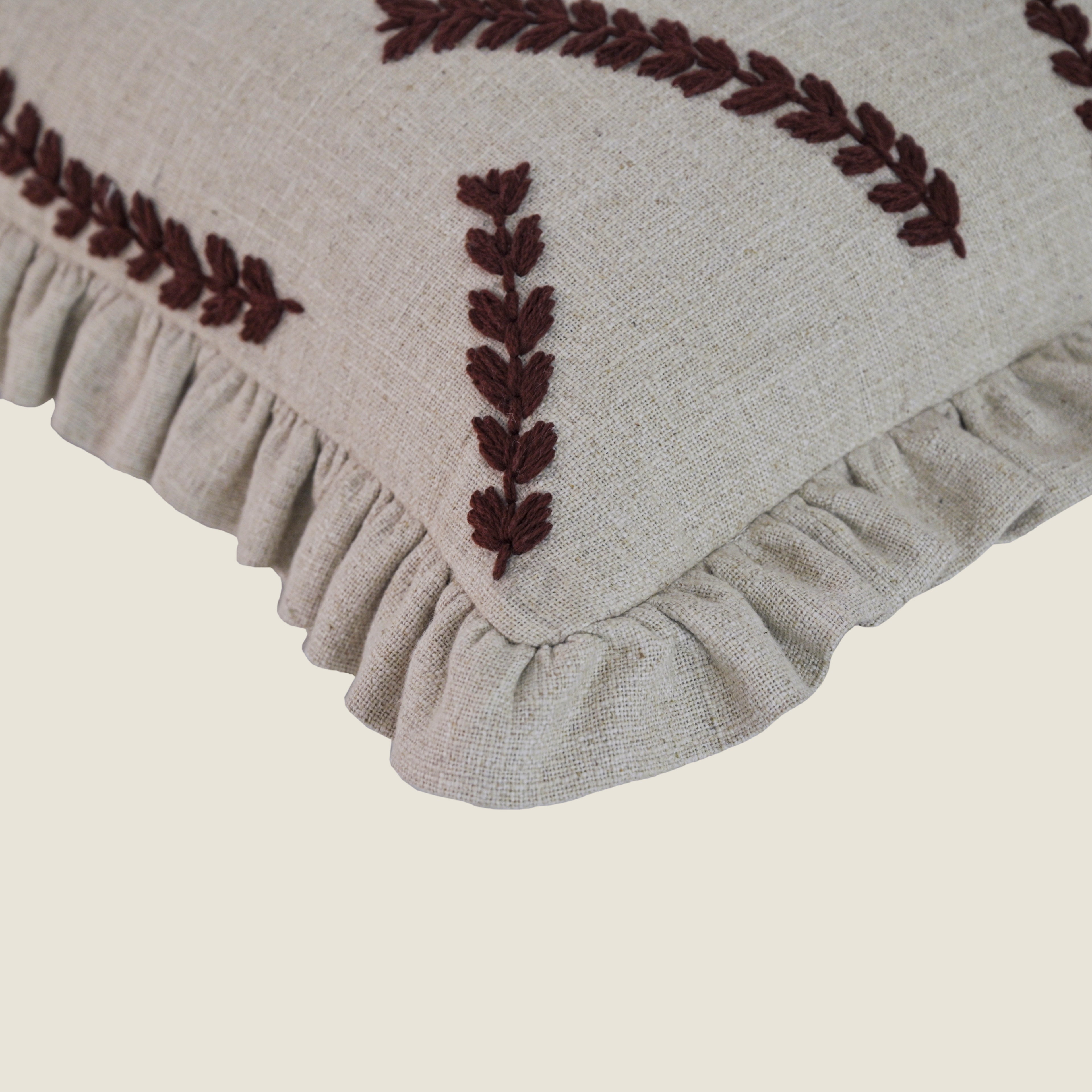 Embroidered Linen-Blend Ruffled Pillow Cover | Rustic Wheat Leaf Motif Decorative Cushion Cover Set of 1 Pc