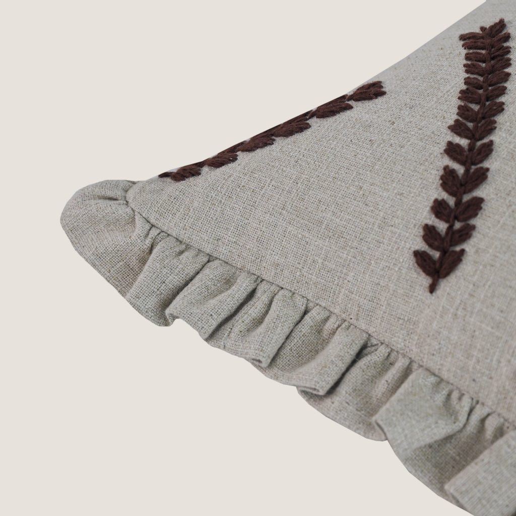 Embroidered Linen-Blend Ruffled Pillow Cover | Rustic Wheat Leaf Motif Decorative Cushion Cover Set of 1 Pc