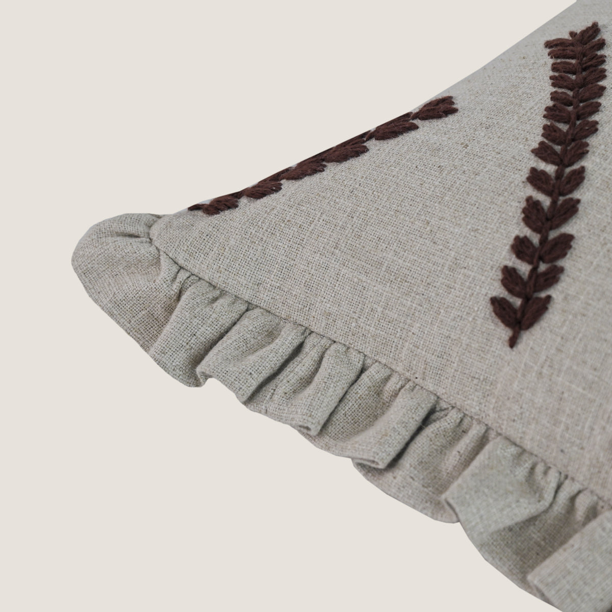 Embroidered Linen-Blend Ruffled Pillow Cover | Rustic Wheat Leaf Motif Decorative Cushion Cover Set of 1 Pc