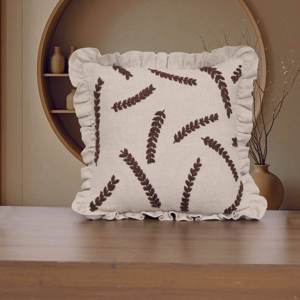 Embroidered Linen-Blend Ruffled Pillow Cover | Rustic Wheat Leaf Motif Decorative Cushion Cover Set of 1 Pc