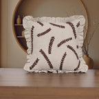 Embroidered Linen-Blend Ruffled Pillow Cover | Rustic Wheat Leaf Motif Decorative Cushion Cover Set of 1 Pc