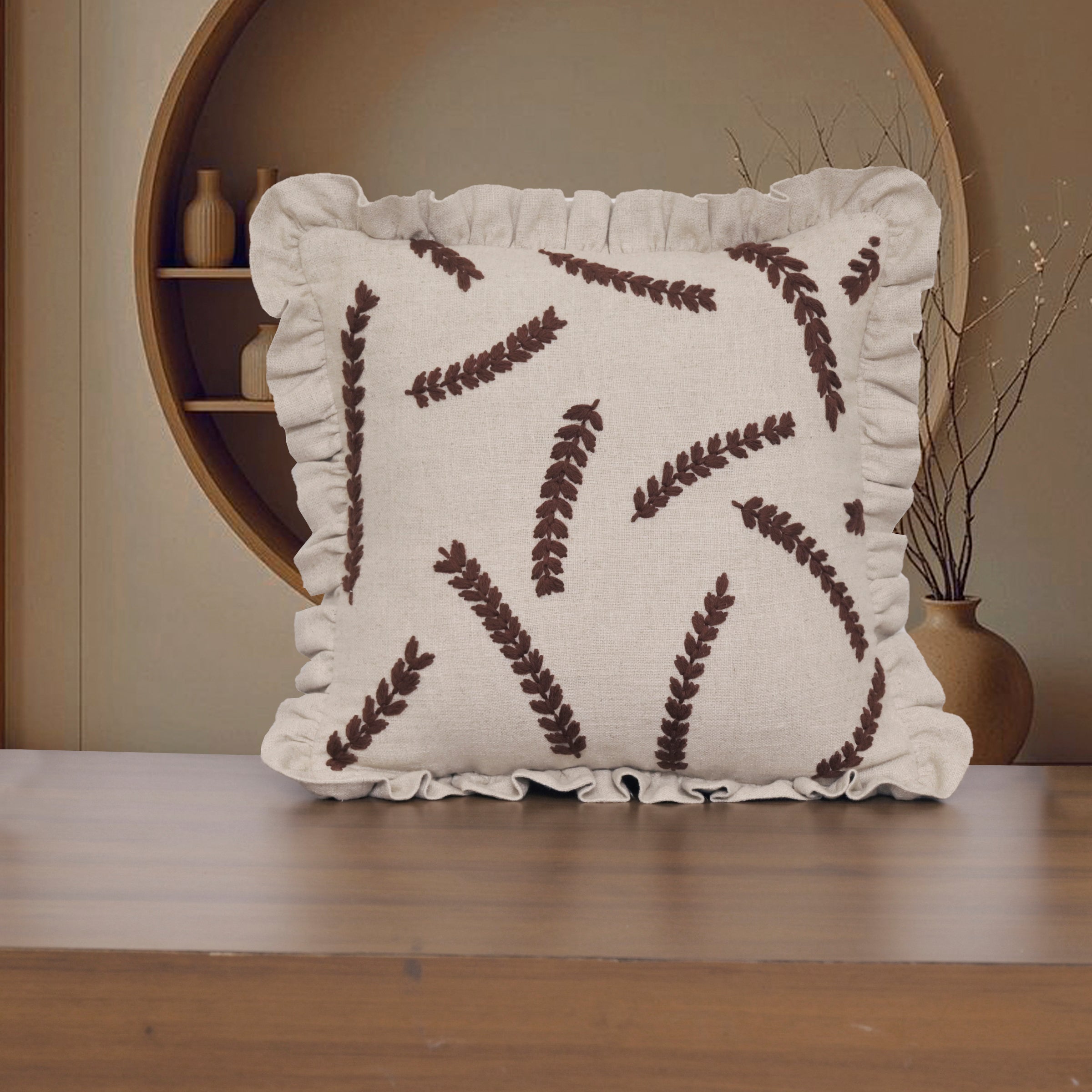 Embroidered Linen-Blend Ruffled Pillow Cover | Rustic Wheat Leaf Motif Decorative Cushion Cover Set of 1 Pc