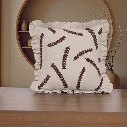Embroidered Linen-Blend Ruffled Pillow Cover | Rustic Wheat Leaf Motif Decorative Cushion Cover Set of 1 Pc