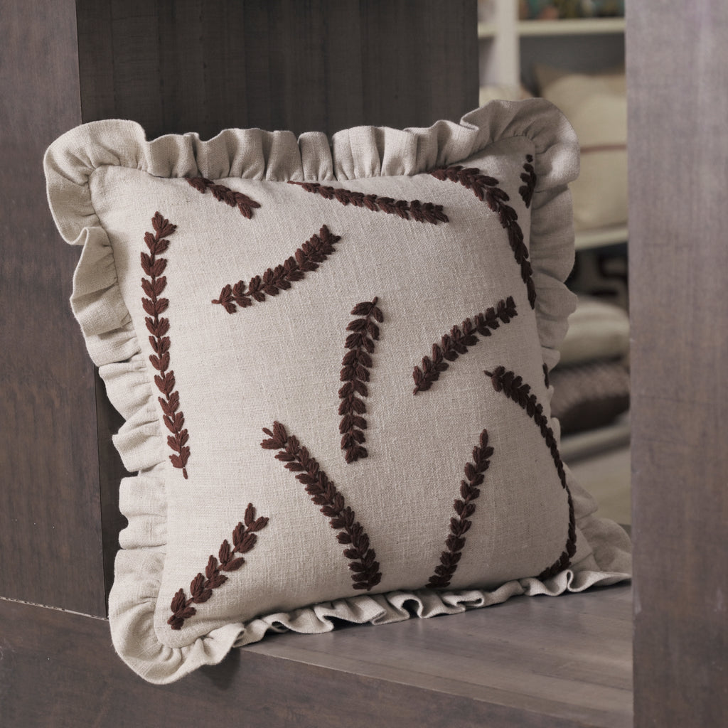 Embroidered Linen-Blend Ruffled Pillow Cover | Rustic Wheat Leaf Motif Decorative Cushion Cover Set of 1 Pc