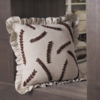 Embroidered Linen-Blend Ruffled Pillow Cover | Rustic Wheat Leaf Motif Decorative Cushion Cover Set of 1 Pc