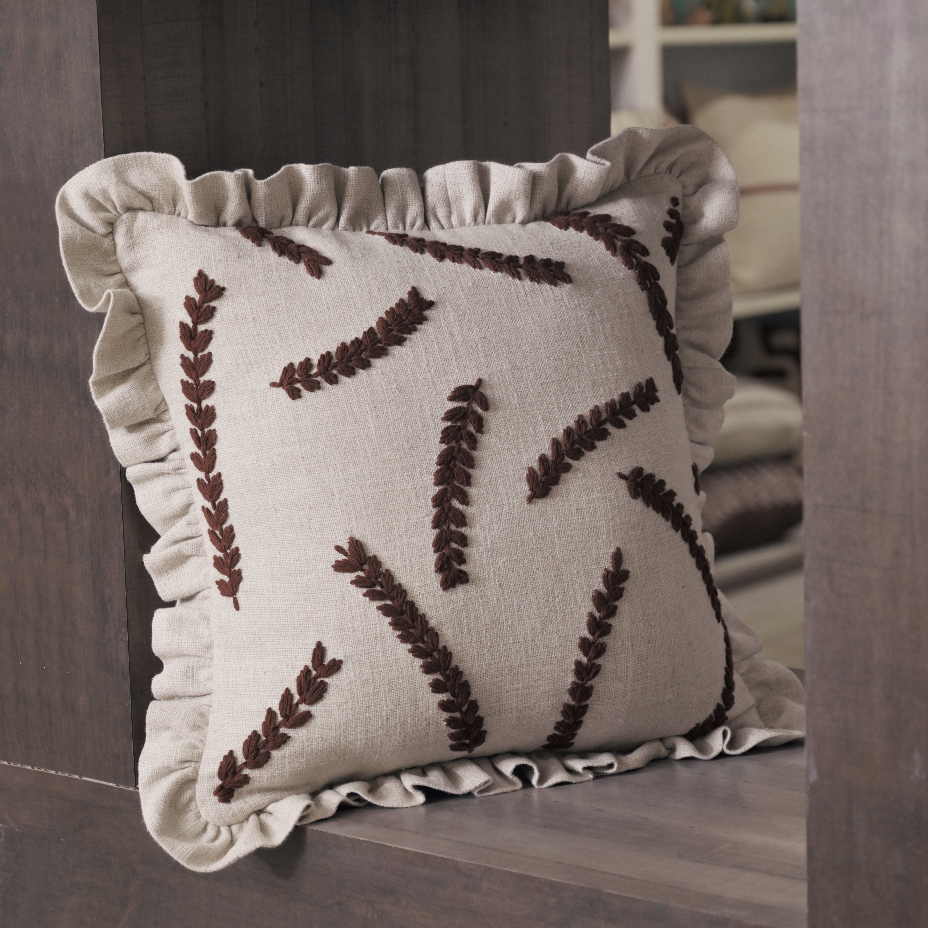Embroidered Linen-Blend Ruffled Pillow Cover | Rustic Wheat Leaf Motif Decorative Cushion Cover Set of 1 Pc