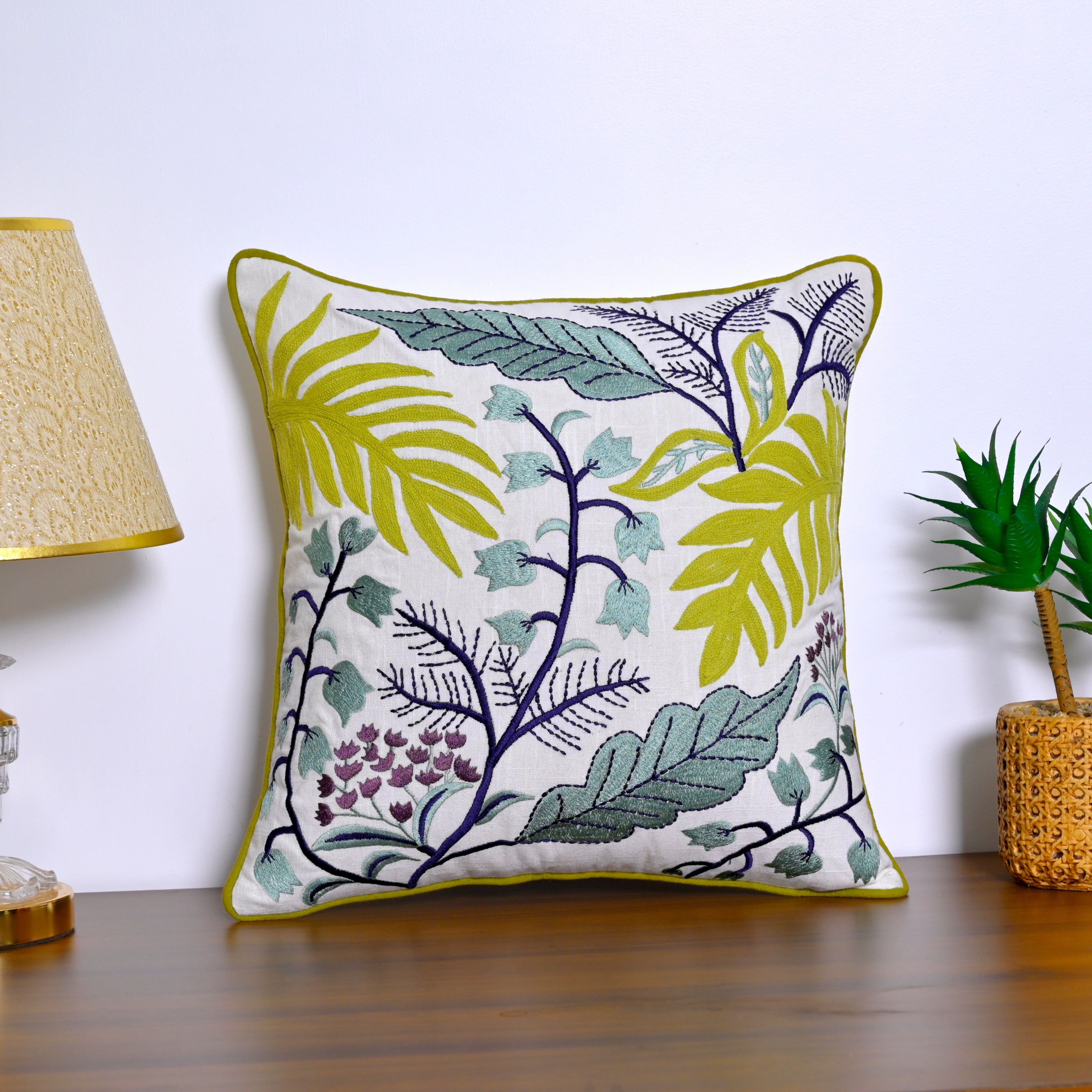 Embroidered Botanical Accent Pillow