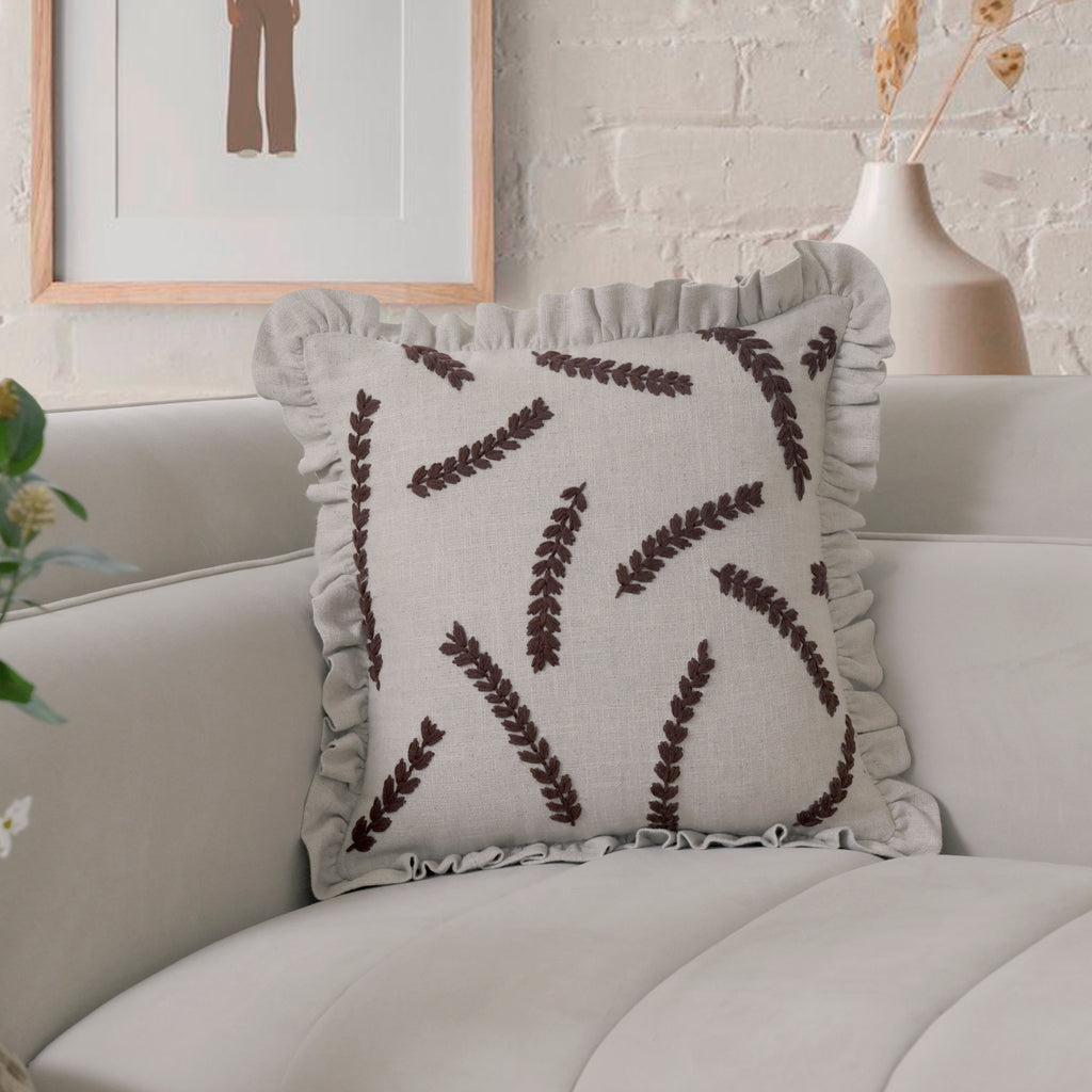 Embroidered Linen-Blend Ruffled Pillow Cover | Rustic Wheat Leaf Motif Decorative Cushion Cover Set of 1 Pc