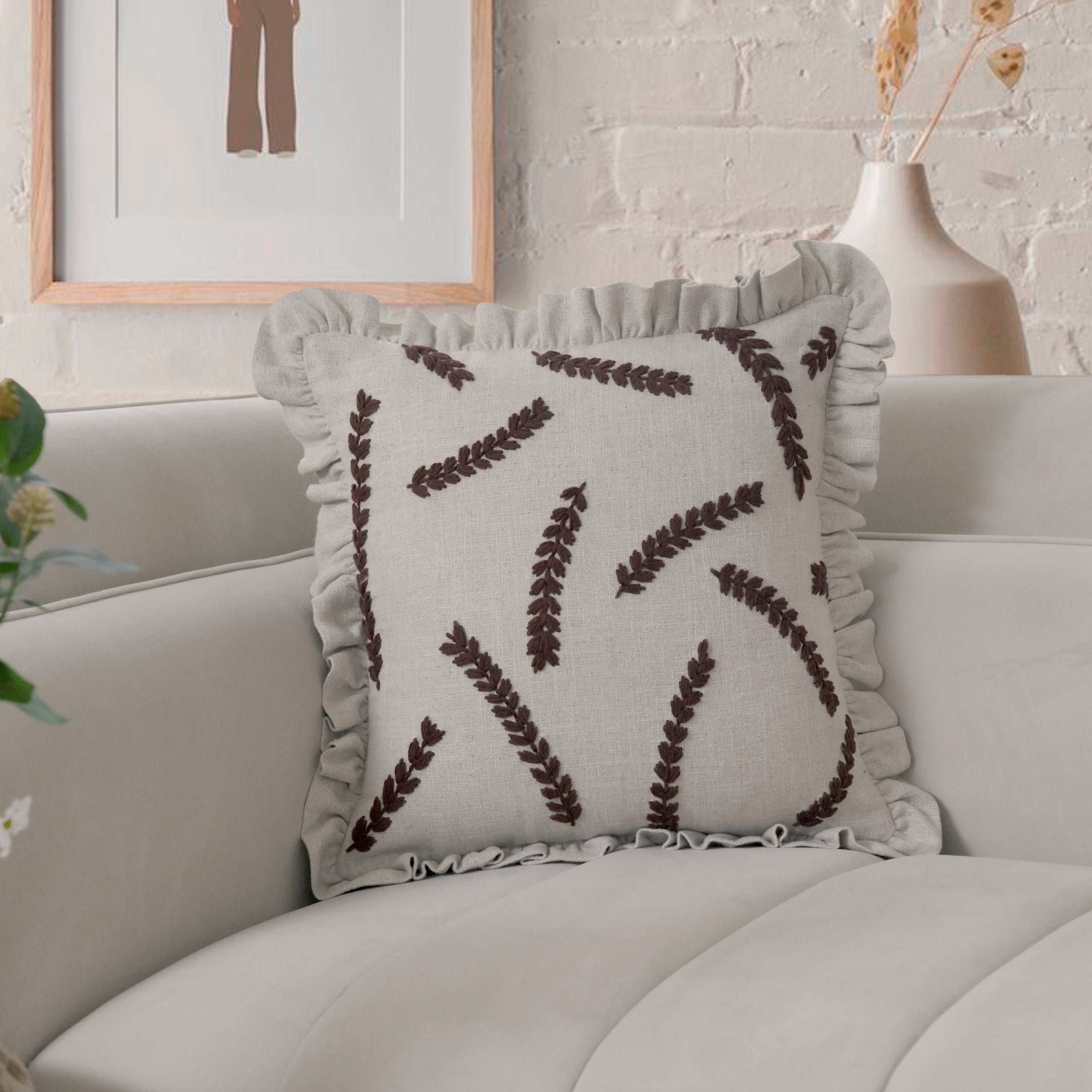 Embroidered Linen-Blend Ruffled Pillow Cover | Rustic Wheat Leaf Motif Decorative Cushion Cover Set of 1 Pc