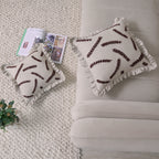 Embroidered Linen-Blend Ruffled Pillow Cover | Rustic Wheat Leaf Motif Decorative Cushion Cover Set of 1 Pc