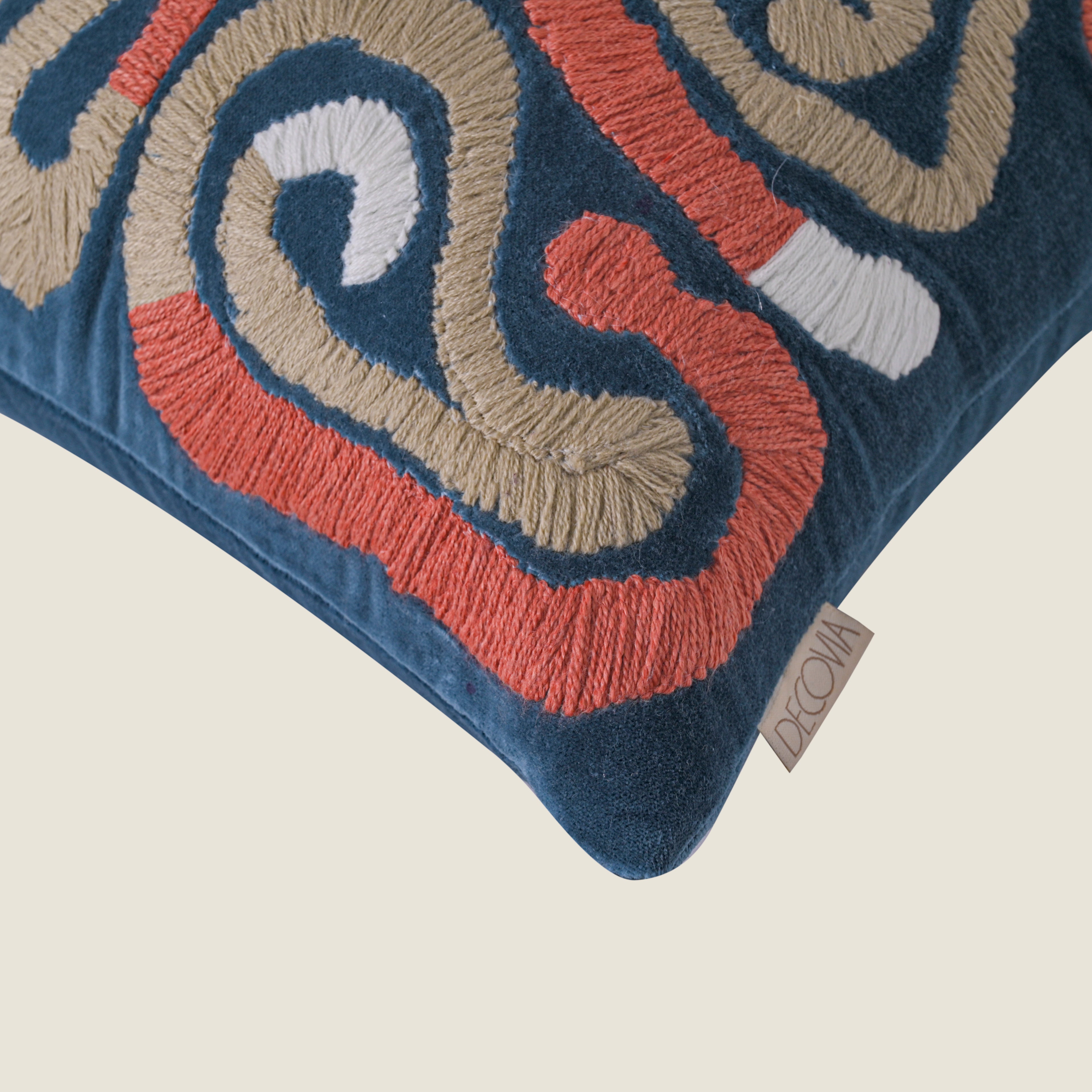 Modern Abstract Embroidered Velvet Cushion Cover | Navy Blue & Terracotta Swirl Design Set of 1 Pc