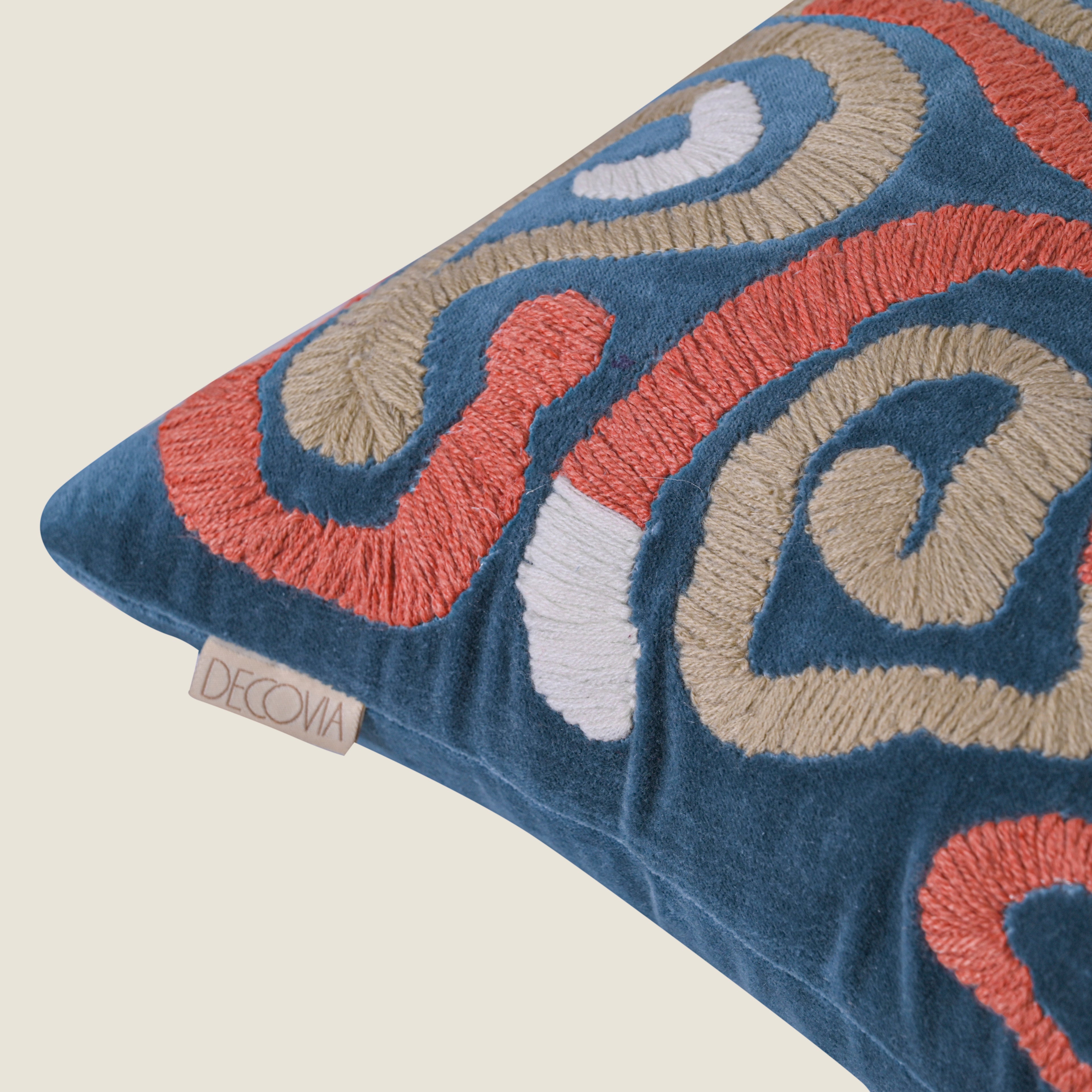 Modern Abstract Embroidered Velvet Cushion Cover | Navy Blue & Terracotta Swirl Design Set of 1 Pc