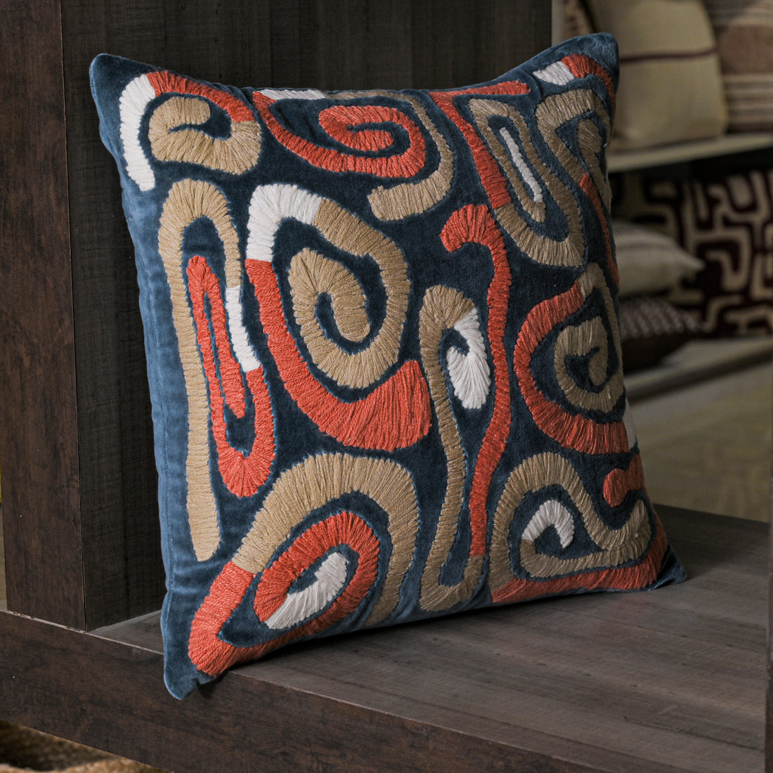 Modern Abstract Embroidered Velvet Cushion Cover | Navy Blue &amp; Terracotta Swirl Design Set of 1 Pc