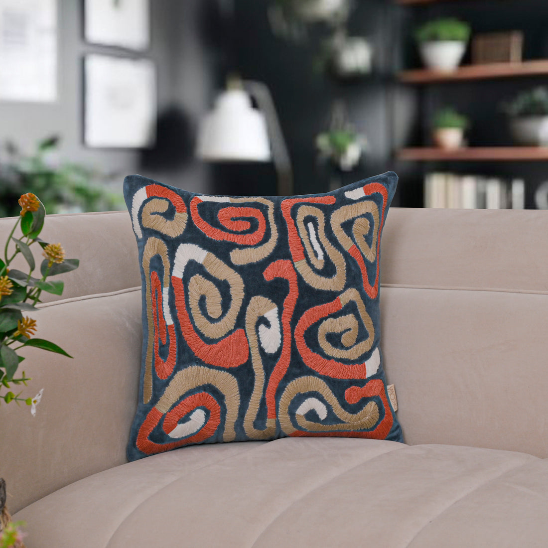 Modern Abstract Embroidered Velvet Cushion Cover | Navy Blue &amp; Terracotta Swirl Design Set of 1 Pc