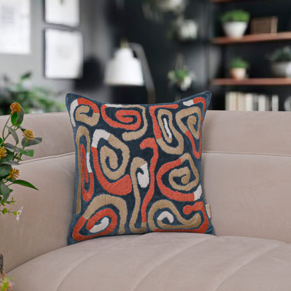 Modern Abstract Embroidered Velvet Cushion Cover | Navy Blue &amp; Terracotta Swirl Design Set of 1 Pc