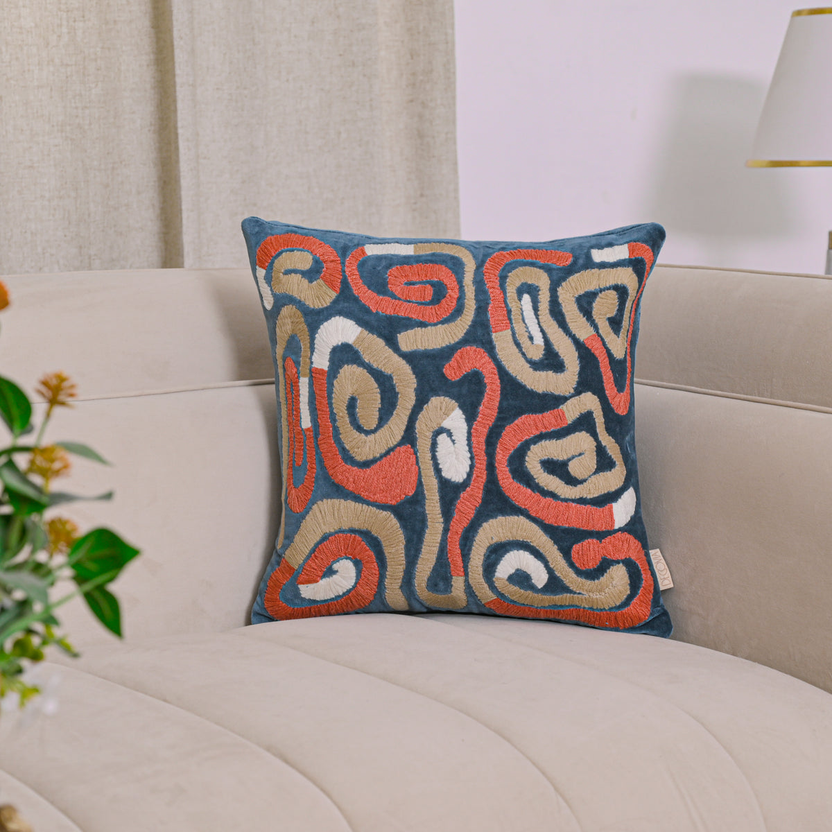 Modern Abstract Embroidered Velvet Cushion Cover | Navy Blue &amp; Terracotta Swirl Design Set of 1 Pc
