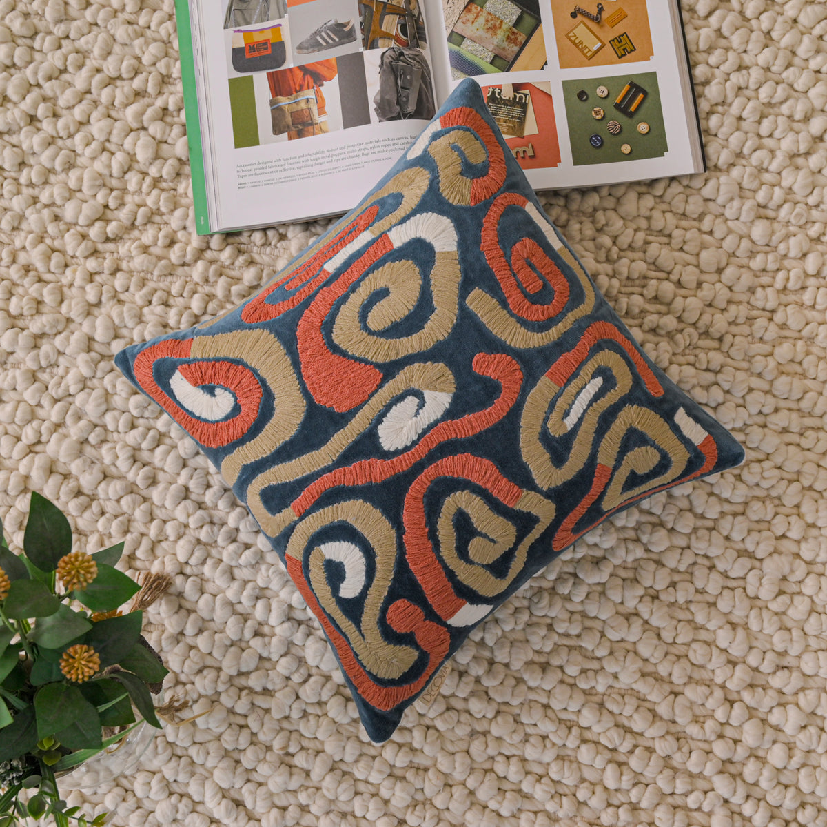 Modern Abstract Embroidered Velvet Cushion Cover | Navy Blue &amp; Terracotta Swirl Design Set of 1 Pc