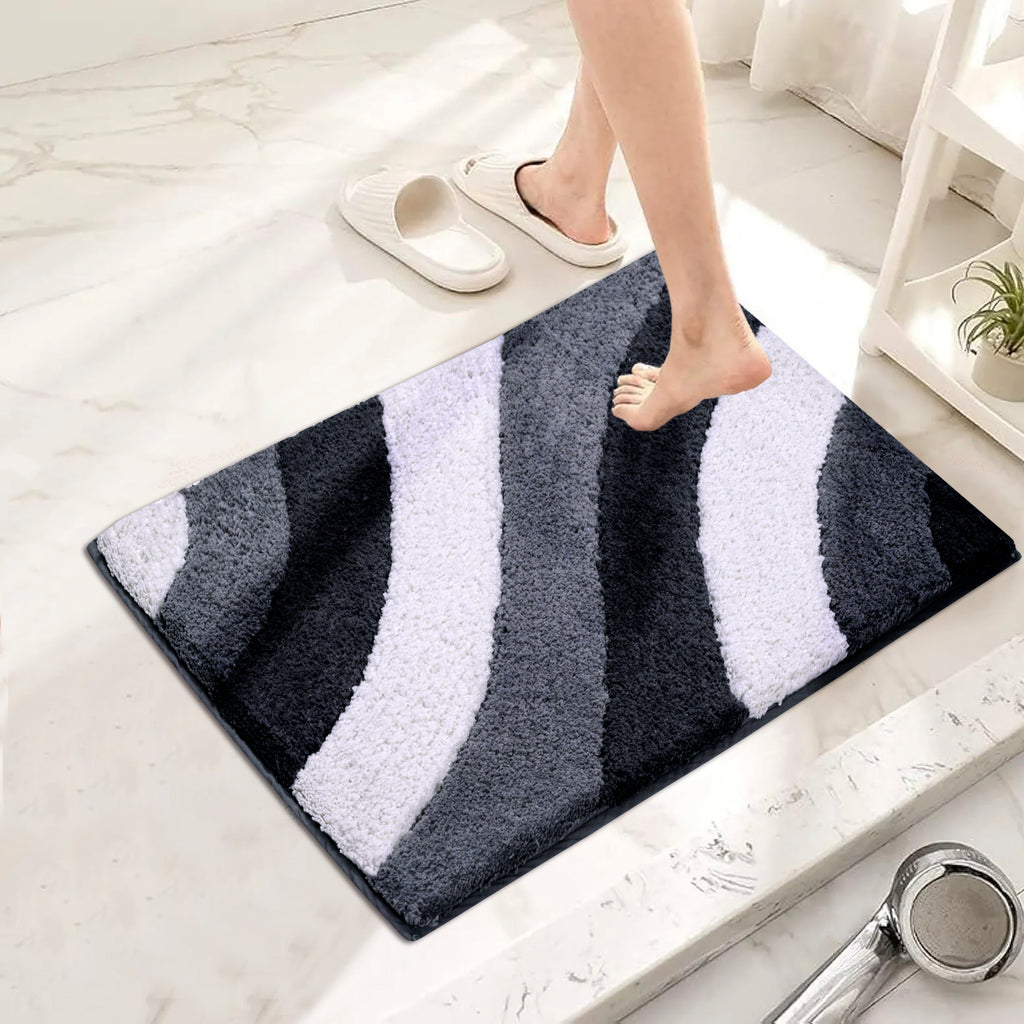Wave Pattern Microfiber Bath Mat - Grey & White Abstract Shag Rug (40 x 60 cm)