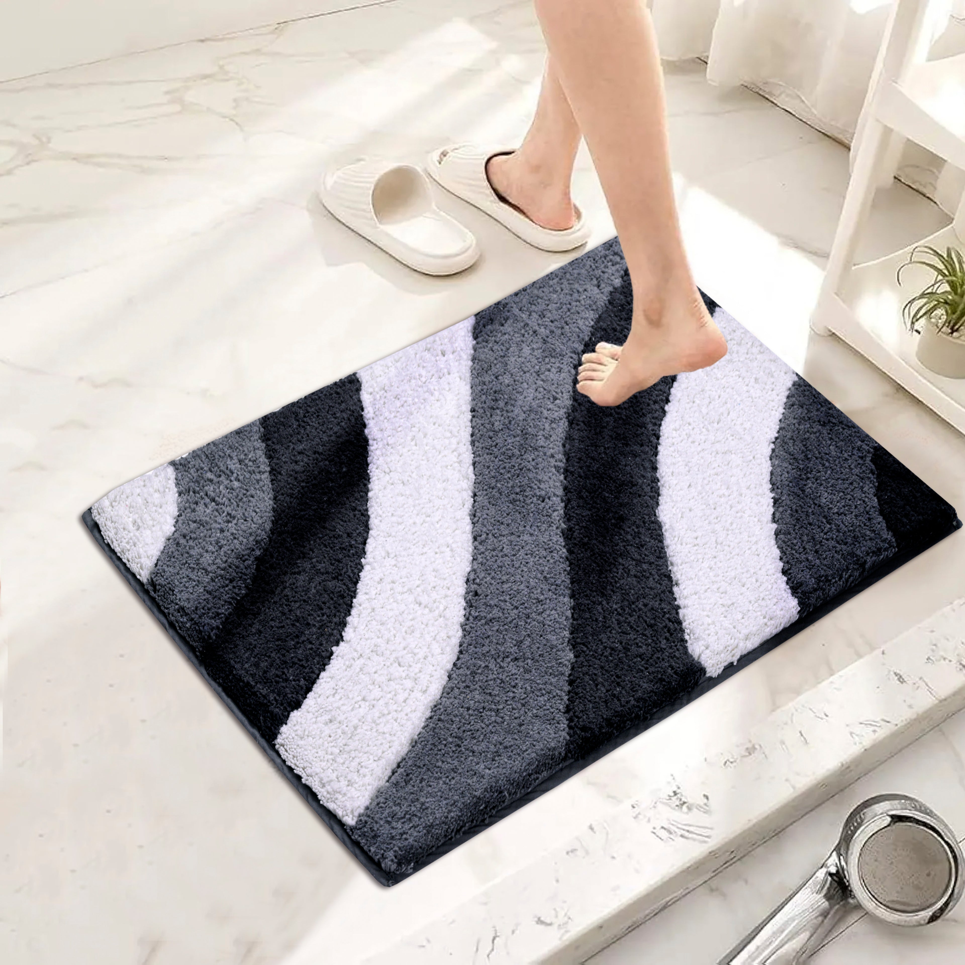 Wave Pattern Microfiber Bath Mat - Grey & White Abstract Shag Rug (40 x 60 cm)