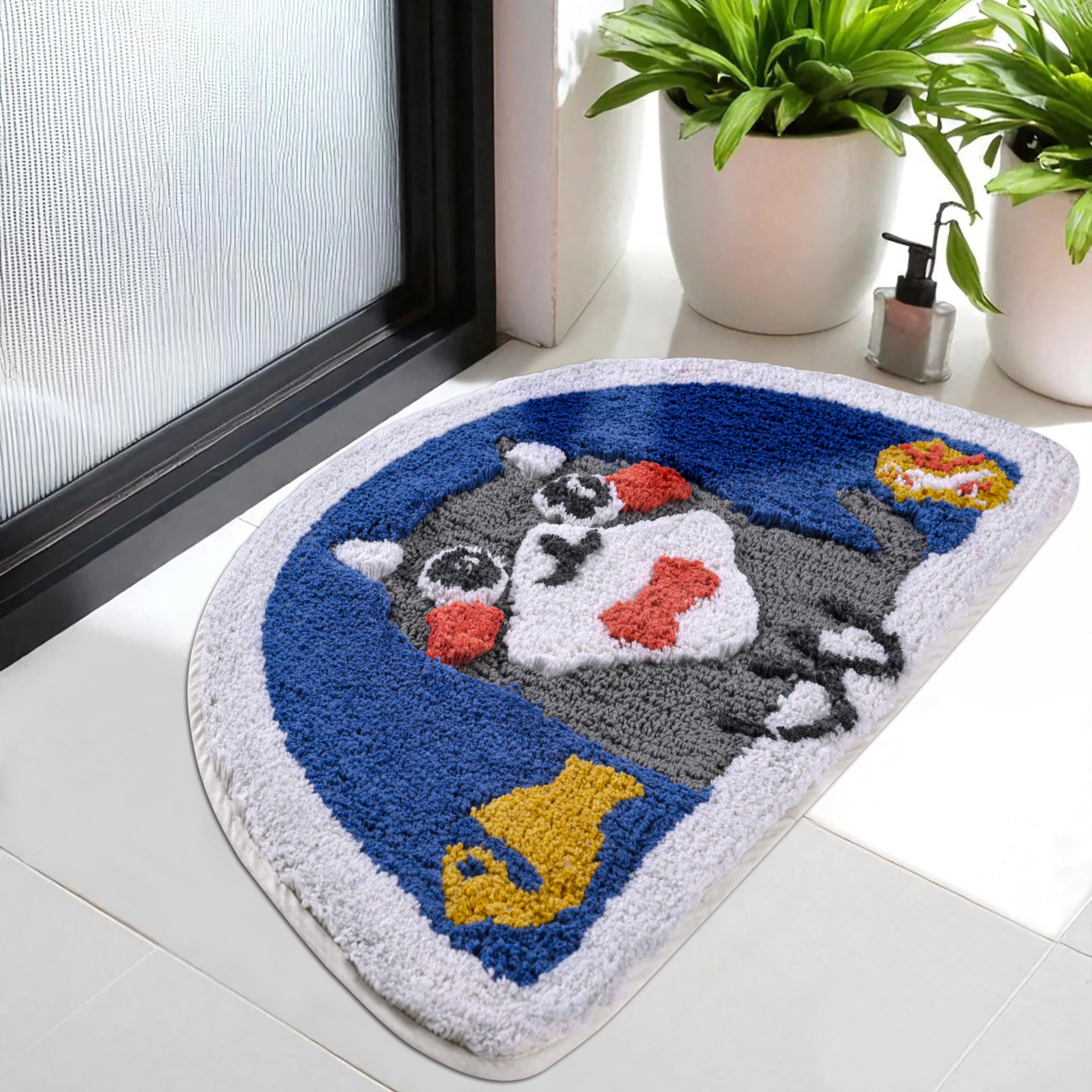 Cute Cartoon Cat Half Moon Door Mat | Soft Tufted Anti-Slip Floor Mat