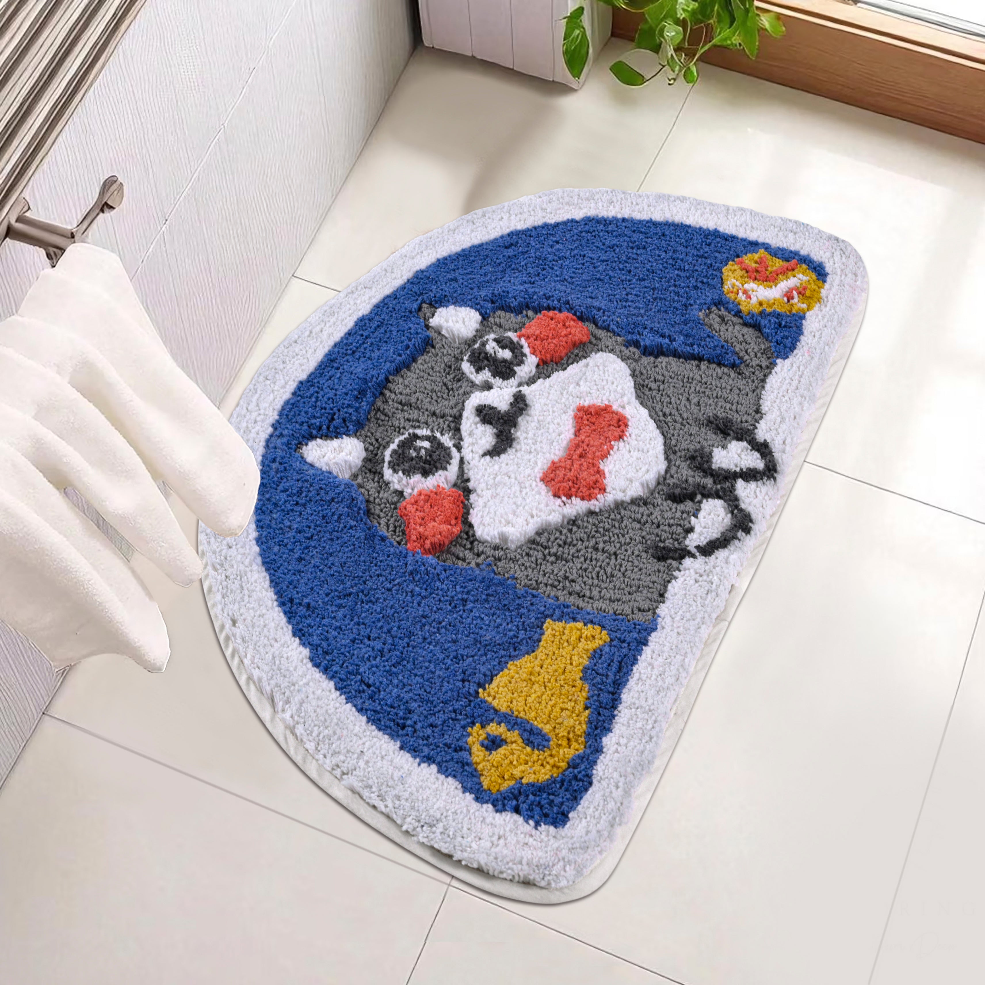 Cute Cartoon Cat Half Moon Door Mat | Soft Tufted Anti-Slip Floor Mat