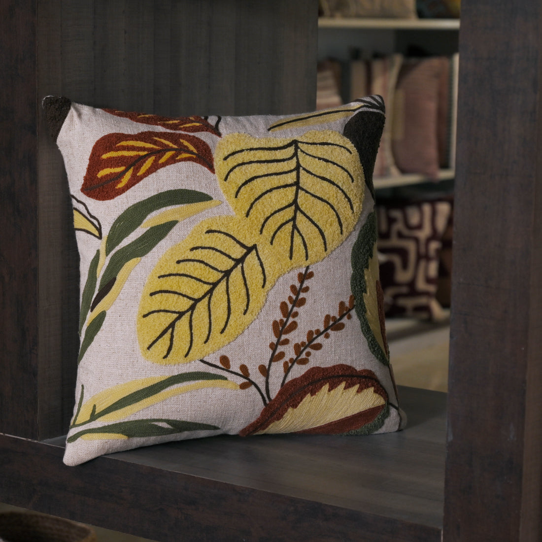 Decorative Hand-Embroidered Tropical Leaf Tufted Pillow Cover | Square Accent Cushion Set of 1 Pc