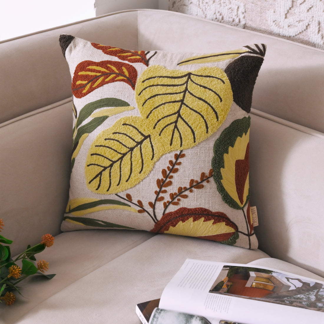 Decorative Hand-Embroidered Tropical Leaf Tufted Pillow Cover | Square Accent Cushion Set of 1 Pc