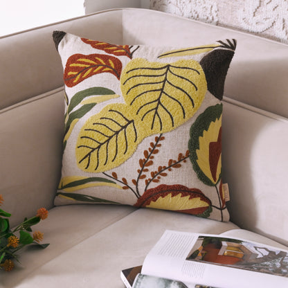 Decorative Hand-Embroidered Tropical Leaf Tufted Pillow Cover | Square Accent Cushion Set of 1 Pc