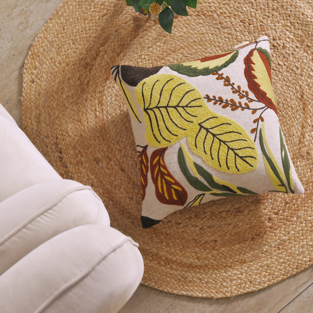 Decorative Hand-Embroidered Tropical Leaf Tufted Pillow Cover | Square Accent Cushion Set of 1 Pc