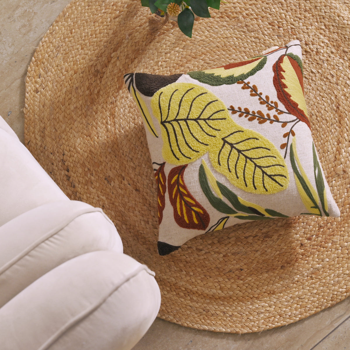 Decorative Hand-Embroidered Tropical Leaf Tufted Pillow Cover | Square Accent Cushion Set of 1 Pc