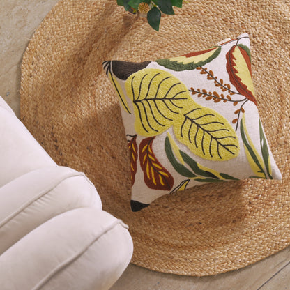 Decorative Hand-Embroidered Tropical Leaf Tufted Pillow Cover | Square Accent Cushion Set of 1 Pc