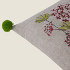 Floral Embroidered Square Cushion Cover with Green Pom-Pom Accents Set of 1 Pc