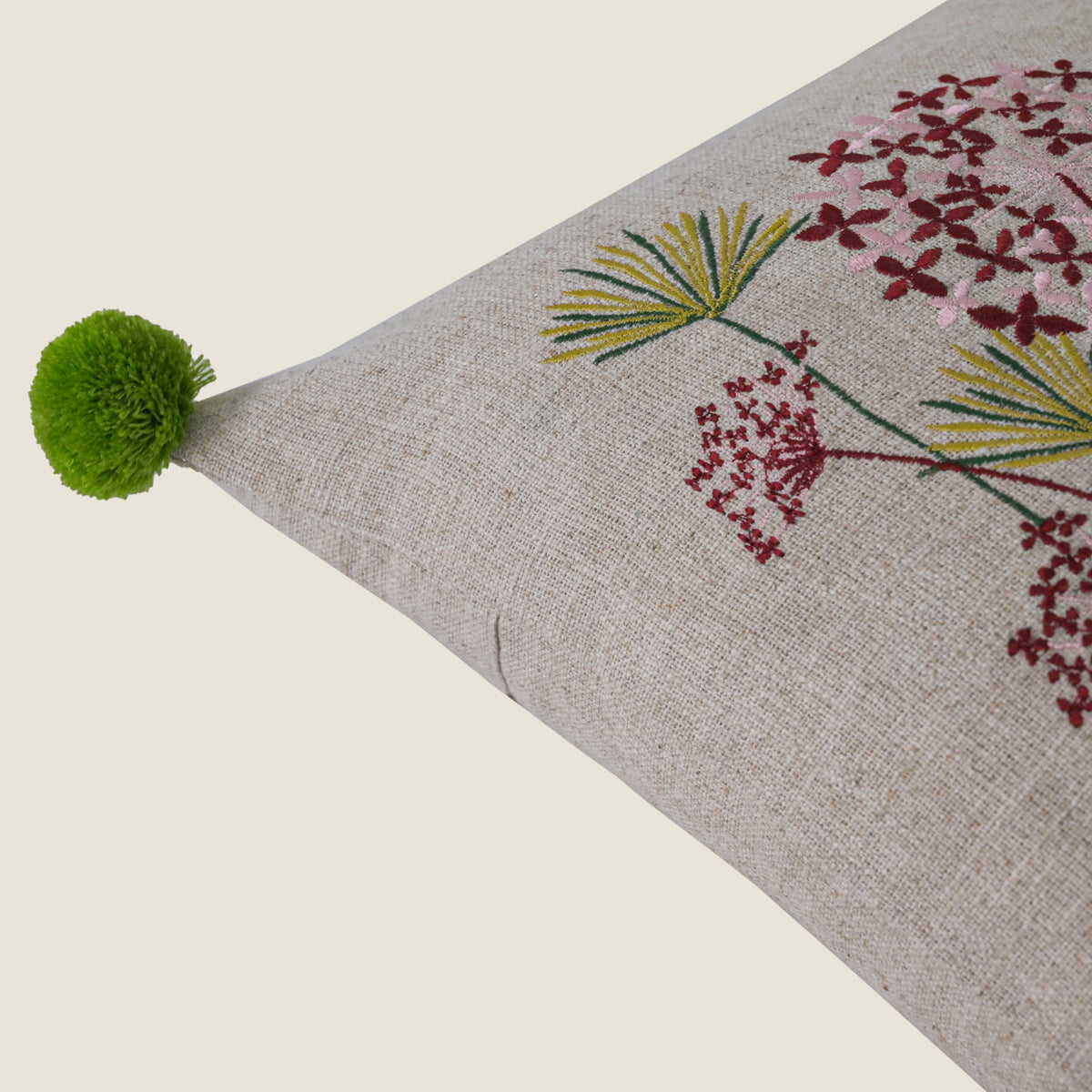 Floral Embroidered Square Cushion Cover with Green Pom-Pom Accents Set of 1 Pc