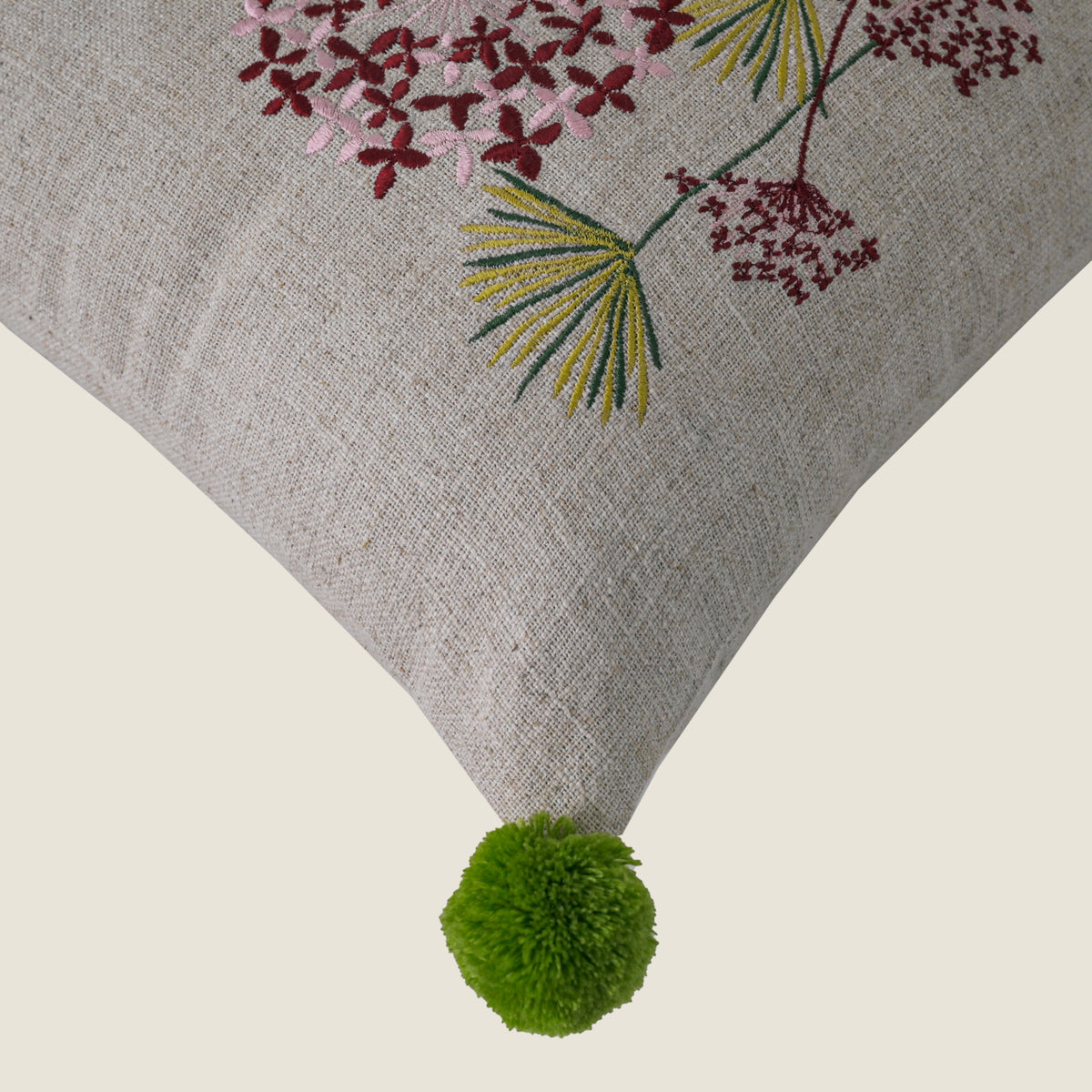 Floral Embroidered Square Cushion Cover with Green Pom-Pom Accents Set of 1 Pc