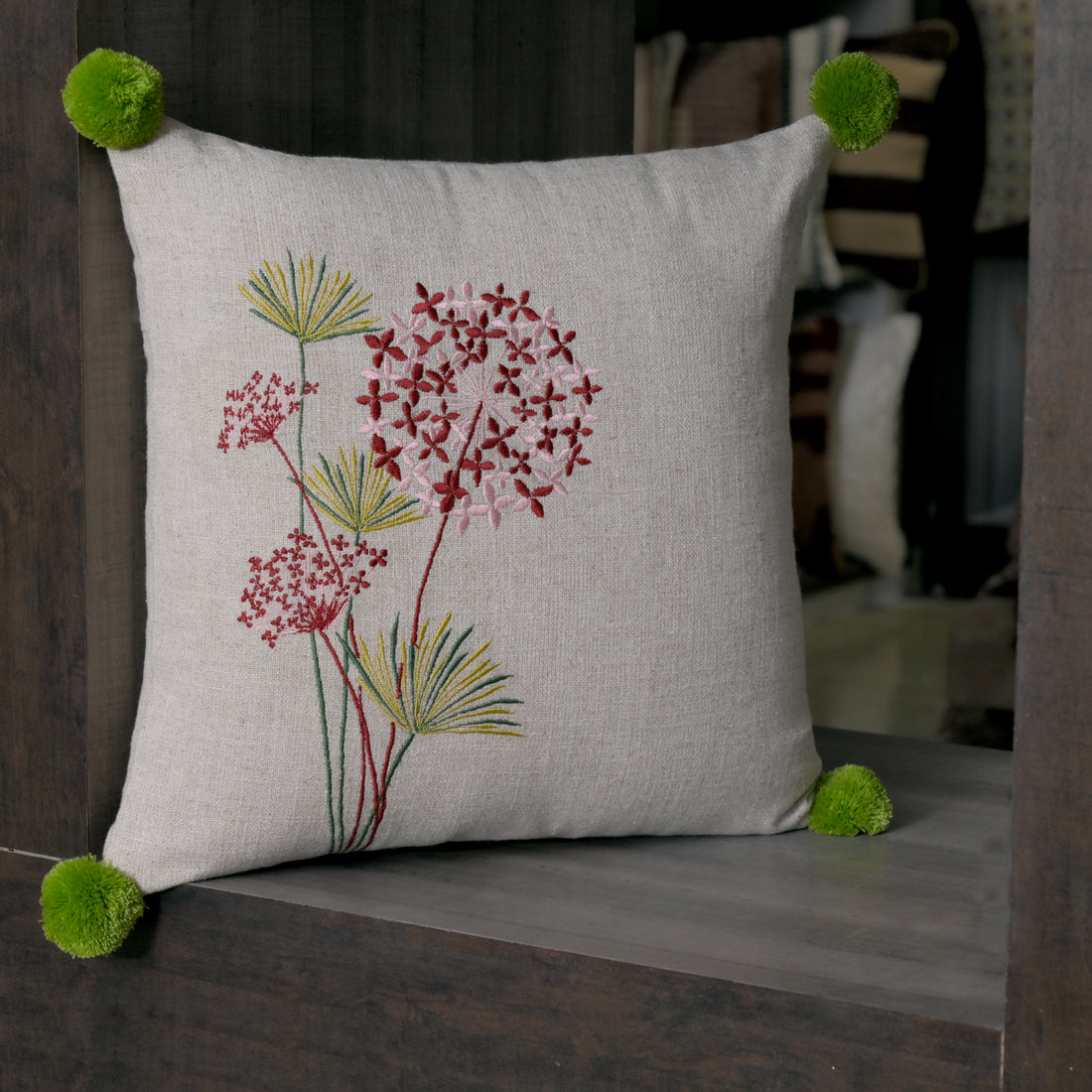 Floral Embroidered Square Cushion Cover with Green Pom-Pom Accents Set of 1 Pc