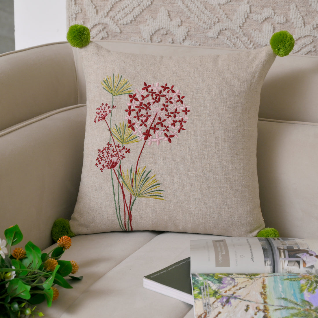 Floral Embroidered Square Cushion Cover with Green Pom-Pom Accents Set of 1 Pc
