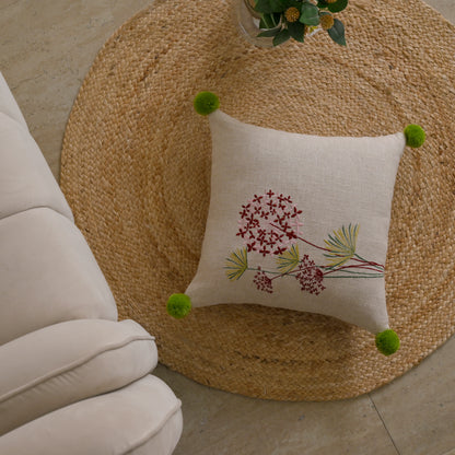 Floral Embroidered Square Cushion Cover with Green Pom-Pom Accents Set of 1 Pc