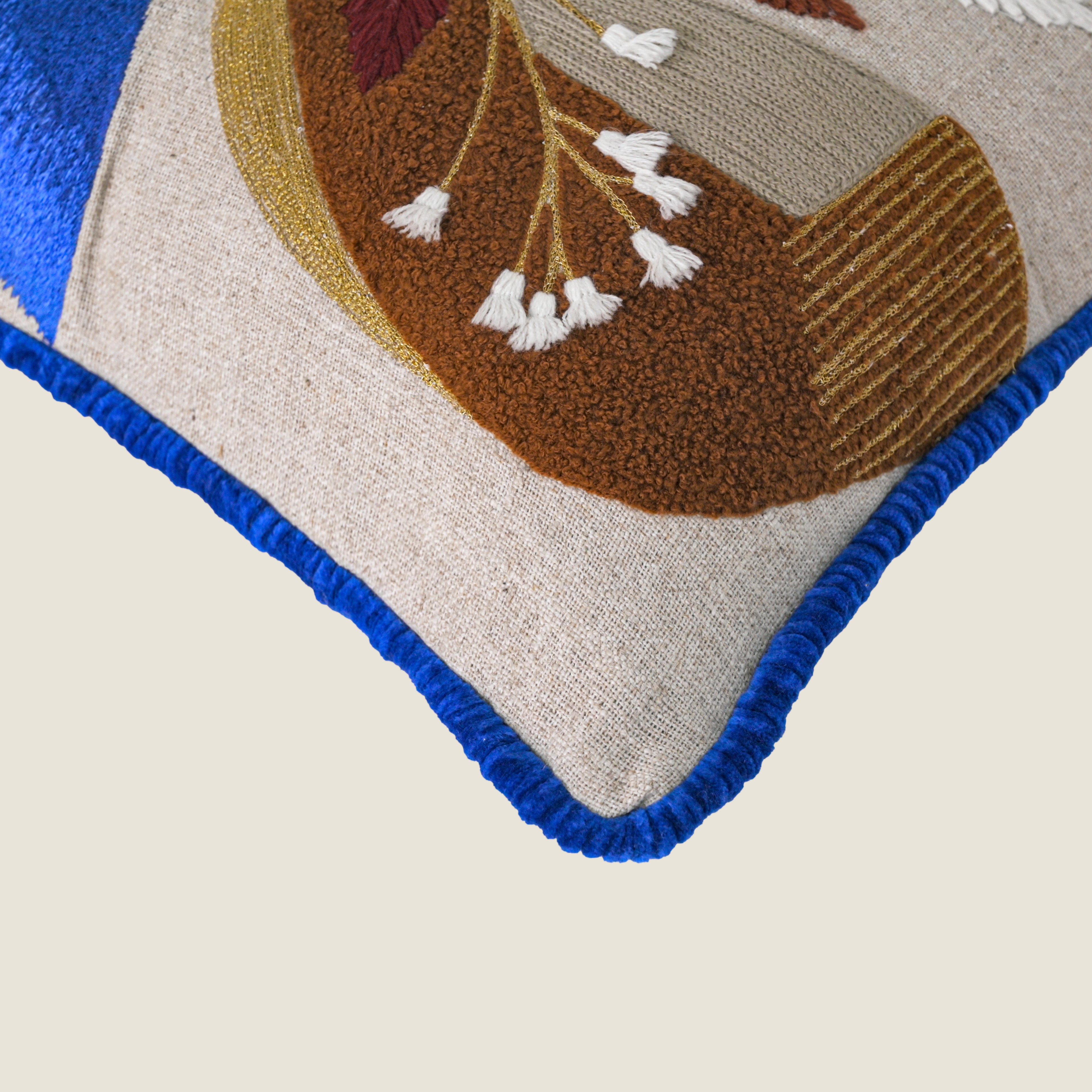 Modern Botanical Embroidered Pillow Cover | Square Cushion with Cobalt Blue Fringe Set of 1 Pc