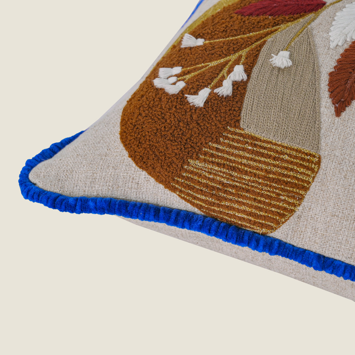 Modern Botanical Embroidered Pillow Cover | Square Cushion with Cobalt Blue Fringe Set of 1 Pc