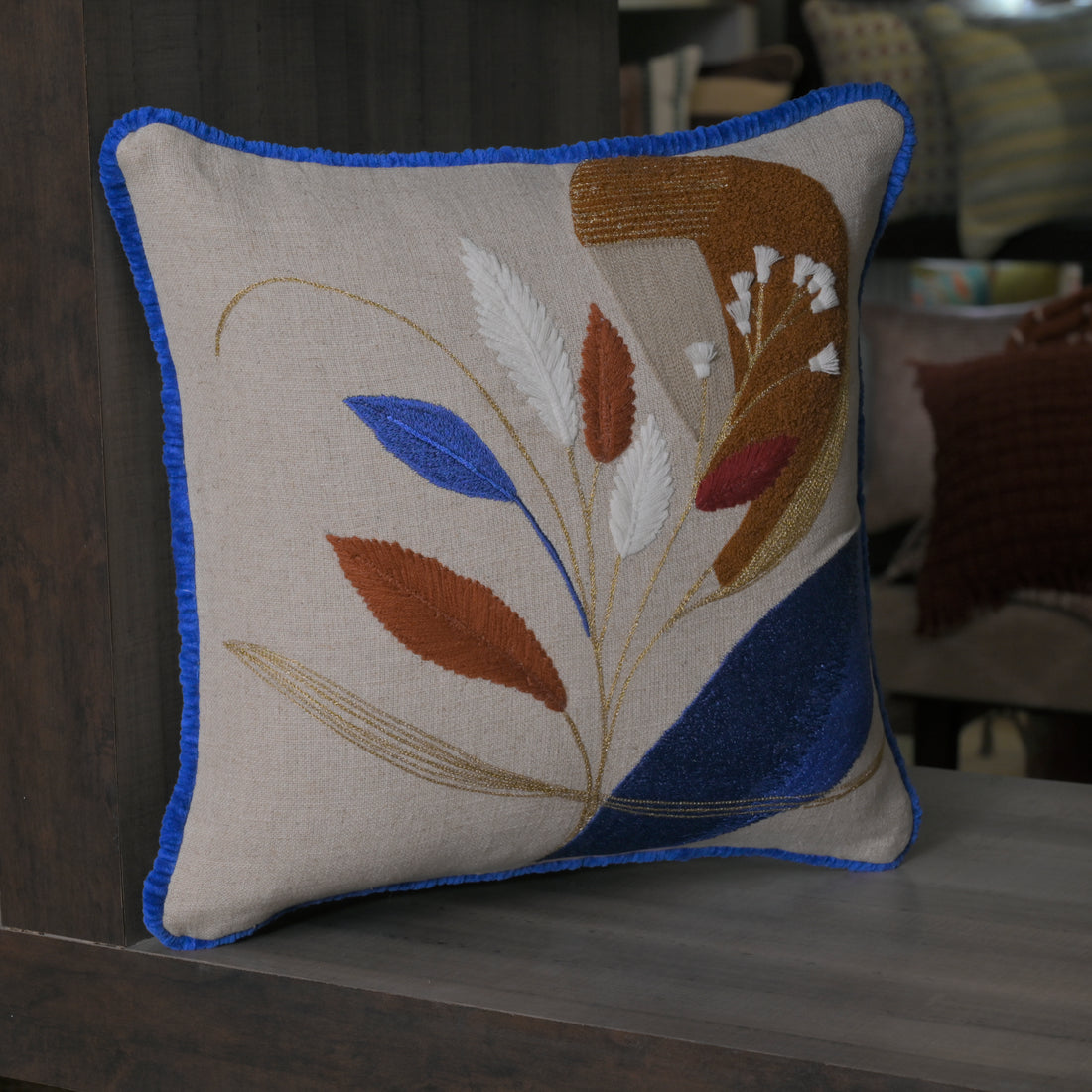 Modern Botanical Embroidered Pillow Cover | Square Cushion with Cobalt Blue Fringe Set of 1 Pc