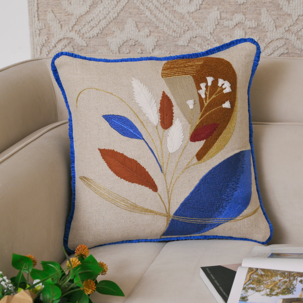 Modern Botanical Embroidered Pillow Cover | Square Cushion with Cobalt Blue Fringe Set of 1 Pc