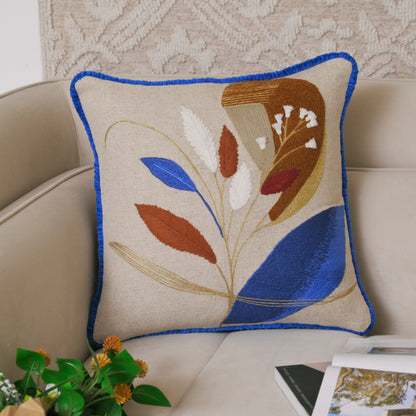 Modern Botanical Embroidered Pillow Cover | Square Cushion with Cobalt Blue Fringe Set of 1 Pc