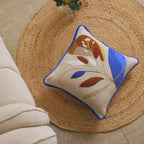 Modern Botanical Embroidered Pillow Cover | Square Cushion with Cobalt Blue Fringe Set of 1 Pc