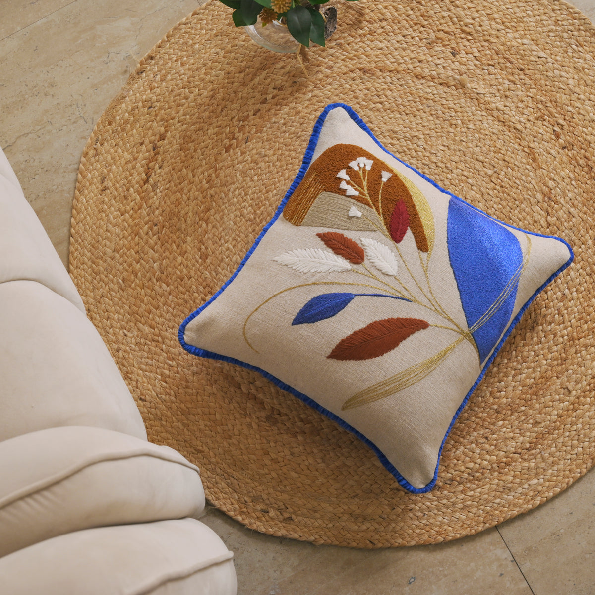 Modern Botanical Embroidered Pillow Cover | Square Cushion with Cobalt Blue Fringe Set of 1 Pc
