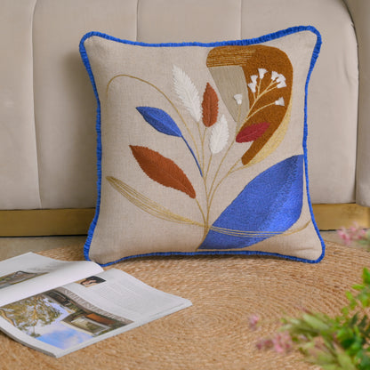 Modern Botanical Embroidered Pillow Cover | Square Cushion with Cobalt Blue Fringe Set of 1 Pc